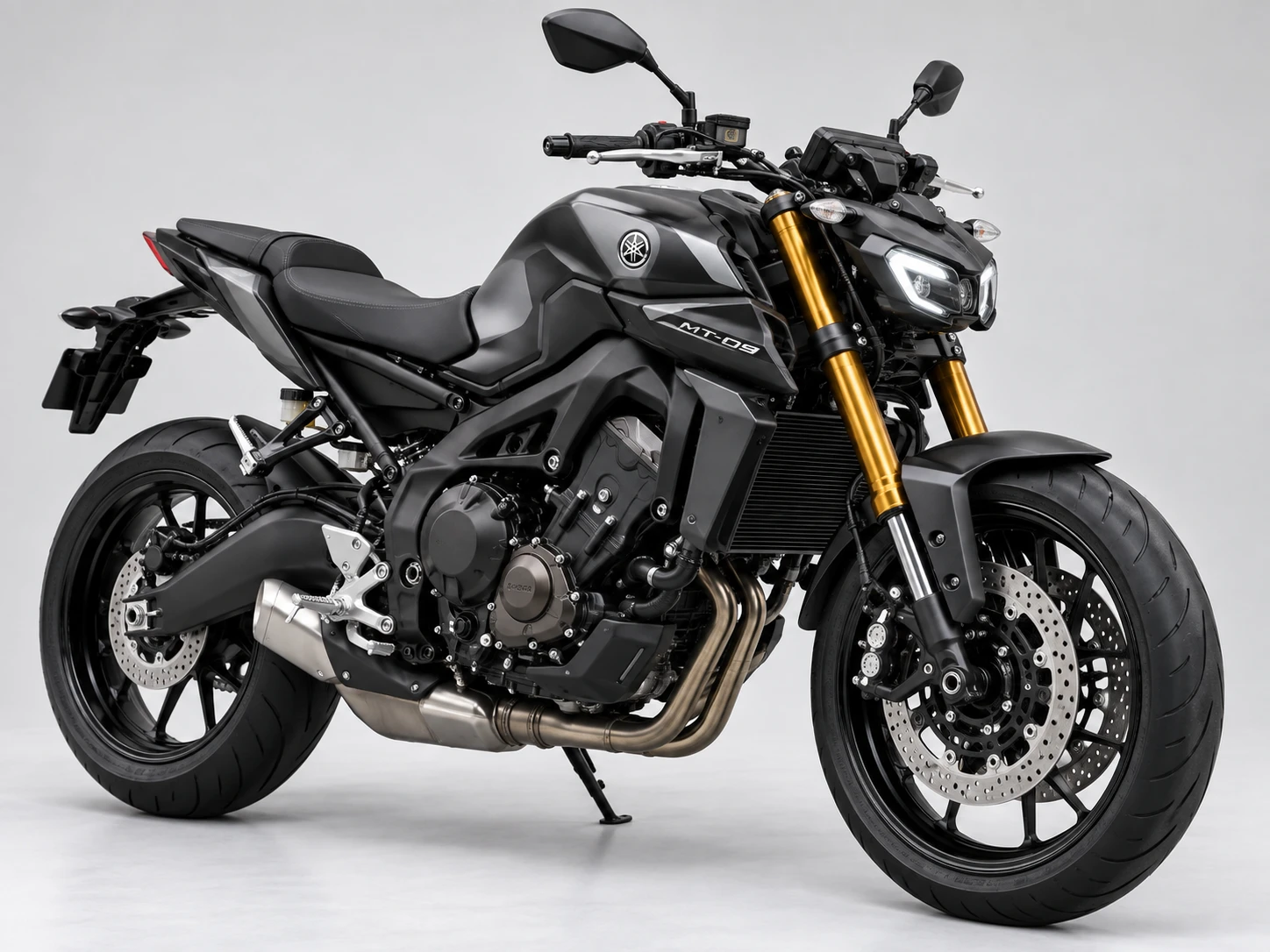 Black naked sport motorcycle with gold forks